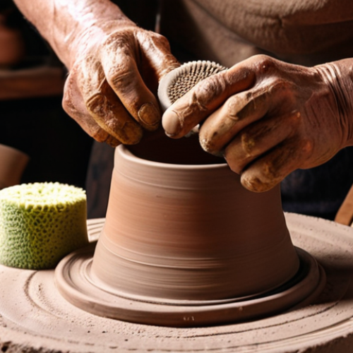 ** Pottery wheel with various tools (shaping tools, sponges) and a potter's hands shaping clay. Focus on the tools and the process of shaping.

**
