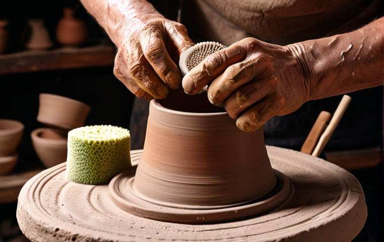 ** Pottery wheel with various tools (shaping tools, sponges) and a potter's hands shaping clay. Focus on the tools and the process of shaping.

**