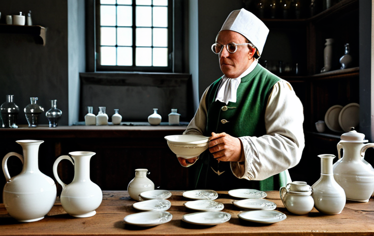 Meissen Porcelain Creation**

"Johann Friedrich Böttger, a determined alchemist in 18th-century Saxony, accidentally discovers the secret to porcelain while experimenting in his laboratory, leading to the founding of the Meissen factory.  Fully clothed in period attire, surrounded by beakers and crucibles. Safe for work. Appropriate content. Perfect anatomy, correct proportions, natural pose, professional. High quality, dramatic lighting, historical setting, modest."

**