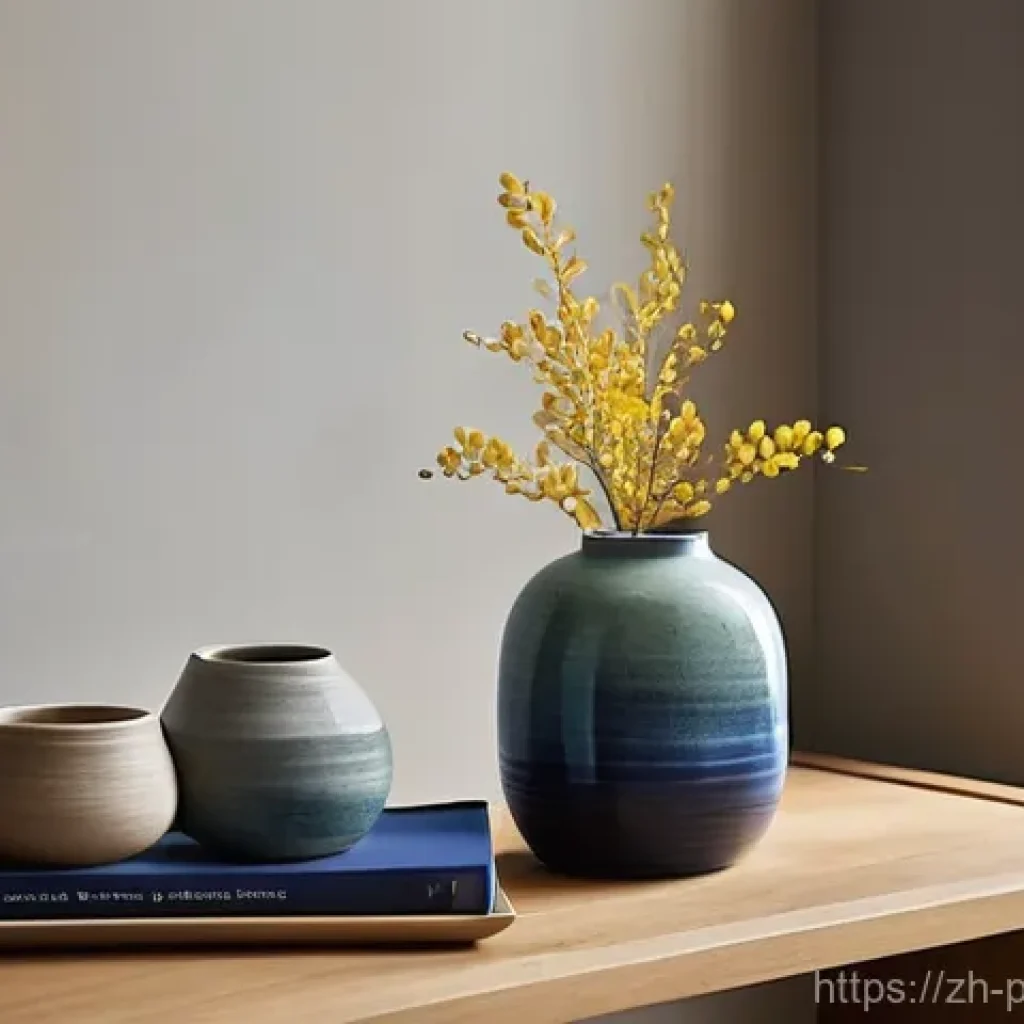 도자기 활용 홈스타일링 아이디어 - **A Serene Living Room Corner with Artisanal Ceramics:**
    A sunlit corner of a minimalist living ...
