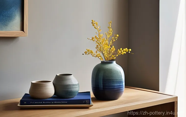 도자기 활용 홈스타일링 아이디어 - **A Serene Living Room Corner with Artisanal Ceramics:**
    A sunlit corner of a minimalist living ...