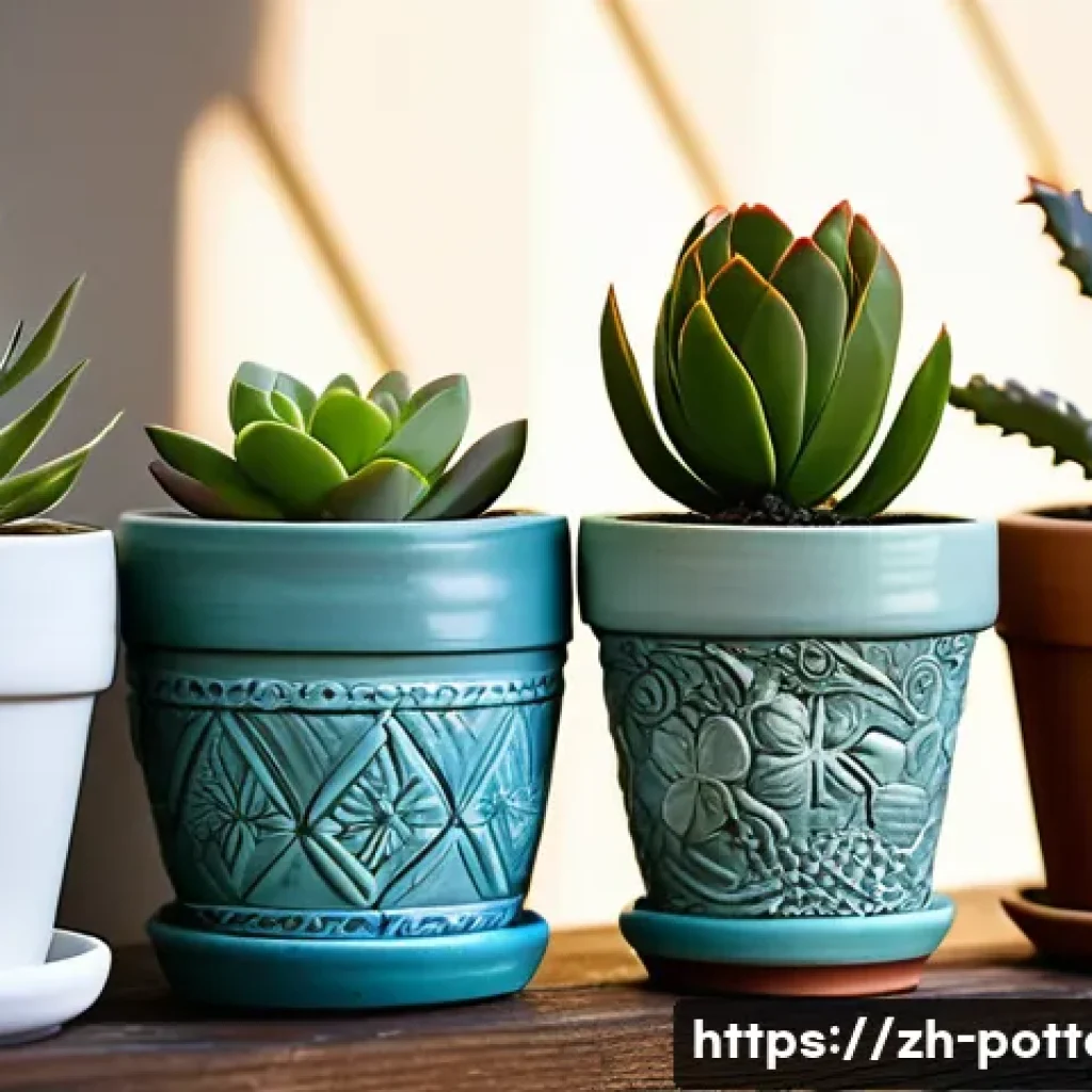 도자기 업사이클링 아이디어 - A close-up shot of a charming collection of repurposed old ceramic flowerpots, each holding a vibran...