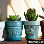 도자기 업사이클링 아이디어 - A close-up shot of a charming collection of repurposed old ceramic flowerpots, each holding a vibran...