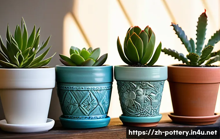 도자기 업사이클링 아이디어 - A close-up shot of a charming collection of repurposed old ceramic flowerpots, each holding a vibran...