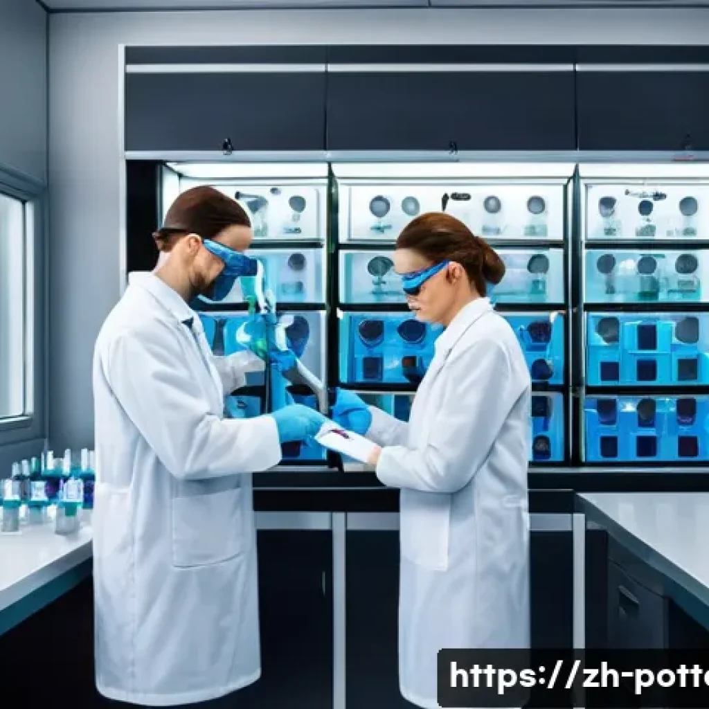 도자기 수출 규정 및 절차 - A detailed scene showing a professional laboratory testing ceramic products for export compliance, f...