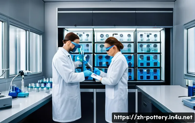 도자기 수출 규정 및 절차 - A detailed scene showing a professional laboratory testing ceramic products for export compliance, f...