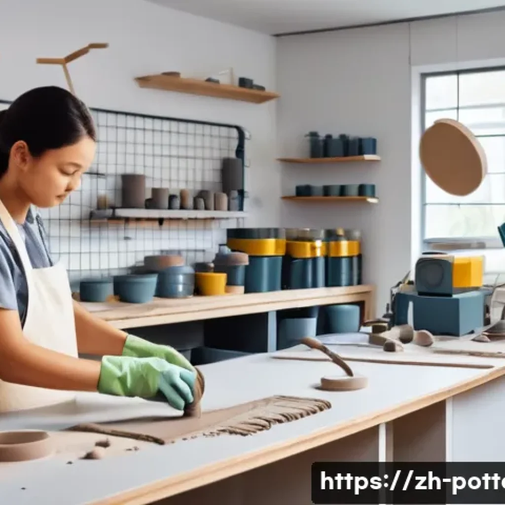 도자기 공예와 환경 문제 - A modern ceramic workshop interior showcasing advanced digital clay mixing equipment in use, with a ...