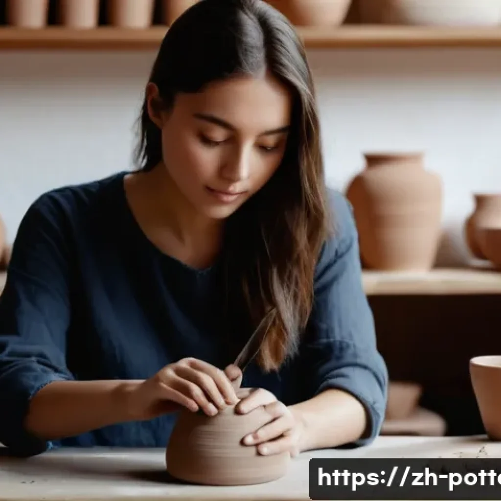 도예 심리치료 효과 - A serene pottery studio scene focusing on a young adult woman sitting at a wooden table, gently shap...
