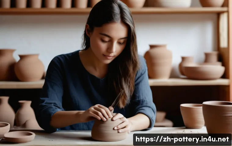 도예 심리치료 효과 - A serene pottery studio scene focusing on a young adult woman sitting at a wooden table, gently shap...