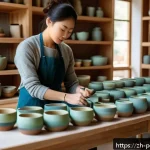 친환경 도자기 제작법 - A serene pottery studio scene featuring an artisan handcrafting eco-friendly ceramic tea sets using ...
