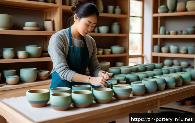 친환경 도자기 제작법 - A serene pottery studio scene featuring an artisan handcrafting eco-friendly ceramic tea sets using ...