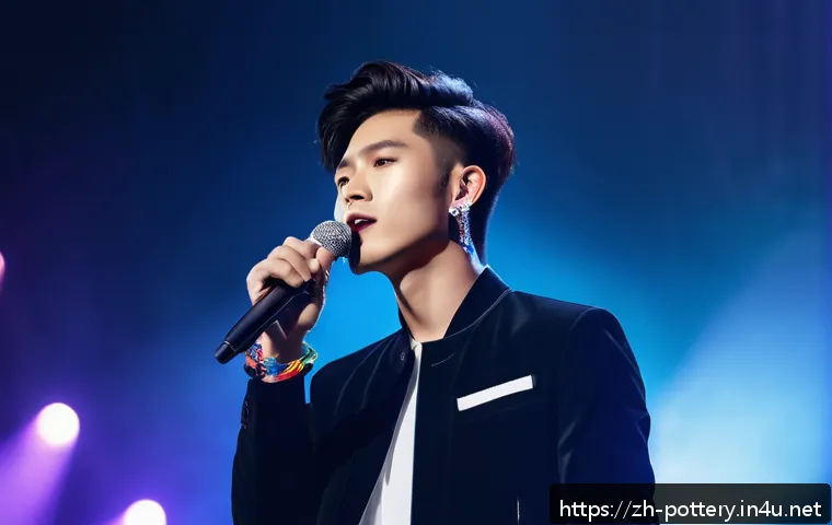 이도다완의 특징 - A stylish young Asian male singer performing on stage with dynamic lighting, wearing a modern minima...