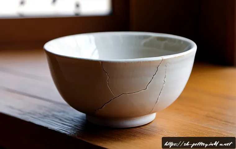 도자기 유약 크랙 원인 - Photorealistic macro close-up of a white ceramic bowl with fine crazing cracks across its glossy gla...