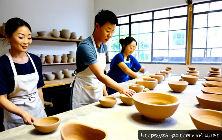 도예 관련 대학 및 교육기관 - Photorealistic wide interior of a modern university ceramics studio, diverse adult students wearing ...